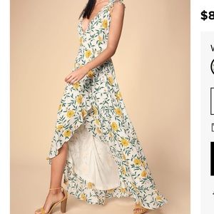 BLOSSOMING HEART FLORAL RUFFLED HIGHLOW WRAP DRESS